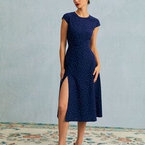 Rihoas Navy Round Neck Polka Dot Cutout Midi Dress